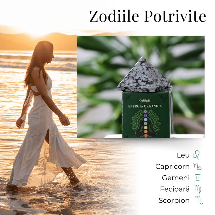 Piramida Sculptata Manual 60mm din Piatra Obsidian Fulg de Nea Natural [6]