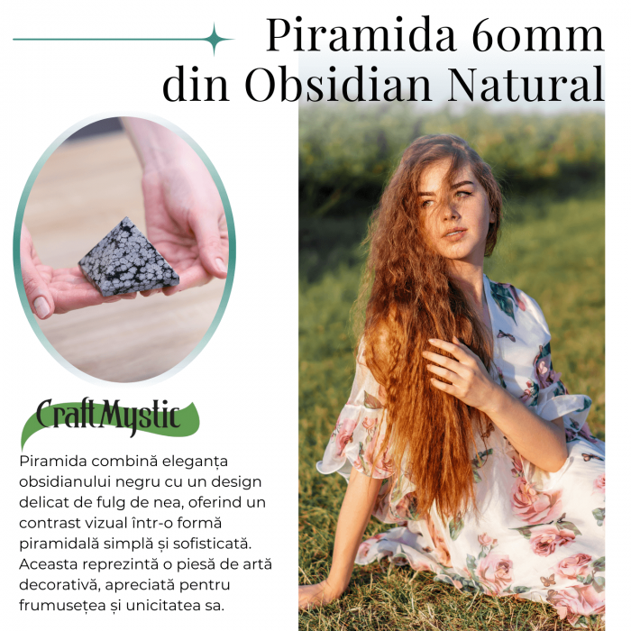 Piramida Sculptata Manual 60mm din Piatra Obsidian Fulg de Nea Natural [7]