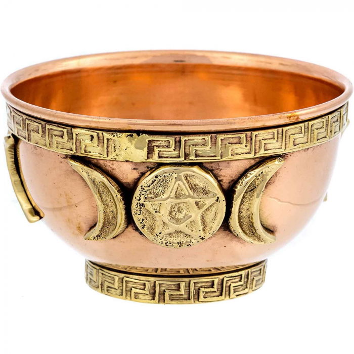 Bol din cupru cu simbol de luna tripla si pentagrama – excelent pentru decorarea altarului, ritualuri, arzator de tamaie, preparator de potiuni [1]