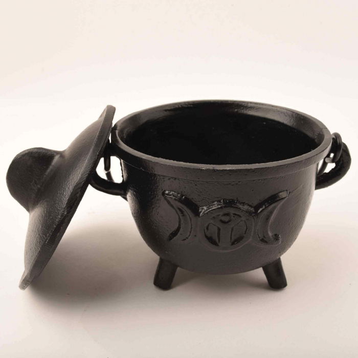 Ceaun "Cauldron" din Fonta cu design Triple Moon, cu Capac si Maner - Cazan de Vrajitoare, Ideal pentru Arderea Tamaii pe Carbune si Smudging cu Salvie [6]