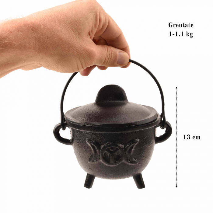 Ceaun "Cauldron" din Fonta cu design Triple Moon, cu Capac si Maner - Cazan de Vrajitoare, Ideal pentru Arderea Tamaii pe Carbune si Smudging cu Salvie [2]