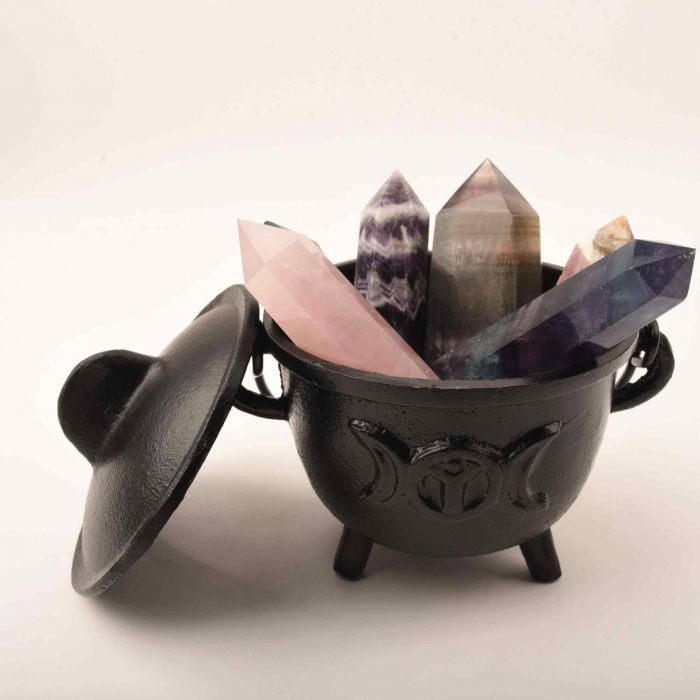 Ceaun "Cauldron" din Fonta cu design Triple Moon, cu Capac si Maner - Cazan de Vrajitoare, Ideal pentru Arderea Tamaii pe Carbune si Smudging cu Salvie [3]
