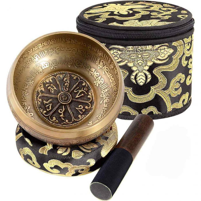 Set bol Tibetan de meditatie 13 cm gravura mantra, batut manual, sunet pentru yoga, vindecare chakre si meditatie Zen, cu ciocan din piele si perna de matase [1]