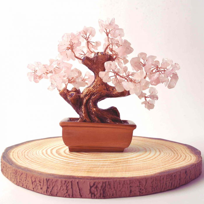 Bonsai cu cristale Cuart Roz pe suport dreptunghiular de ceramica – simbolizeaza: feng shui, noroc, sanatate, bogatie si familie [3]