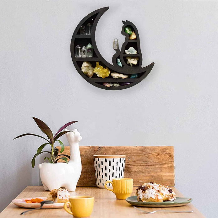 Mini Raft 30x30 cm expunere din lemn pentru cristale, uleiuri esensiale design Pisica neagra pe luna - Decorare gotică pentru cameră Moon Cat [5]