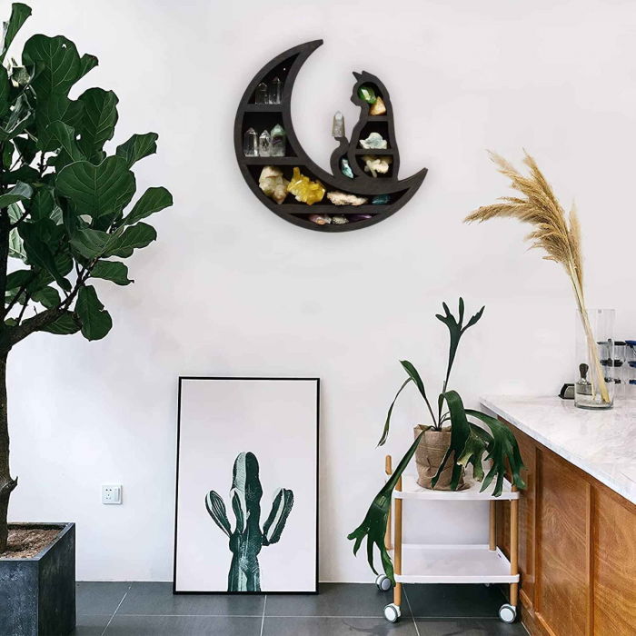 Mini Raft 30x30 cm expunere din lemn pentru cristale, uleiuri esensiale design Pisica neagra pe luna - Decorare gotică pentru cameră Moon Cat [6]