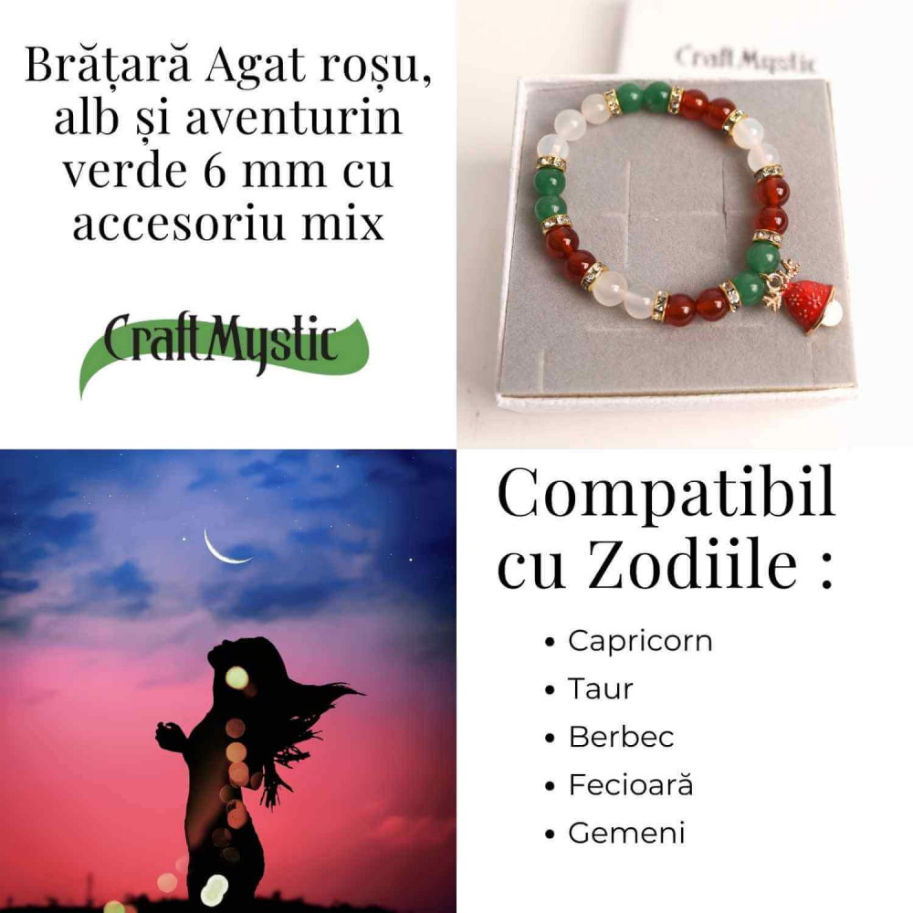 Bratara naturala Agat rosu, alb si aventurin verde cu accesoriu mixt - echilibru si noroc [5]