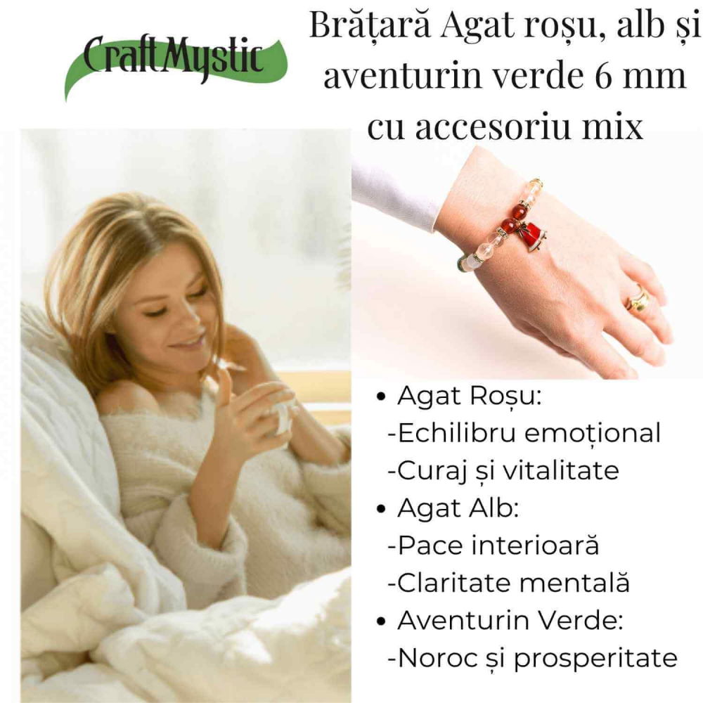 Bratara naturala Agat rosu, alb si aventurin verde cu accesoriu mixt - energie si protectie [6]
