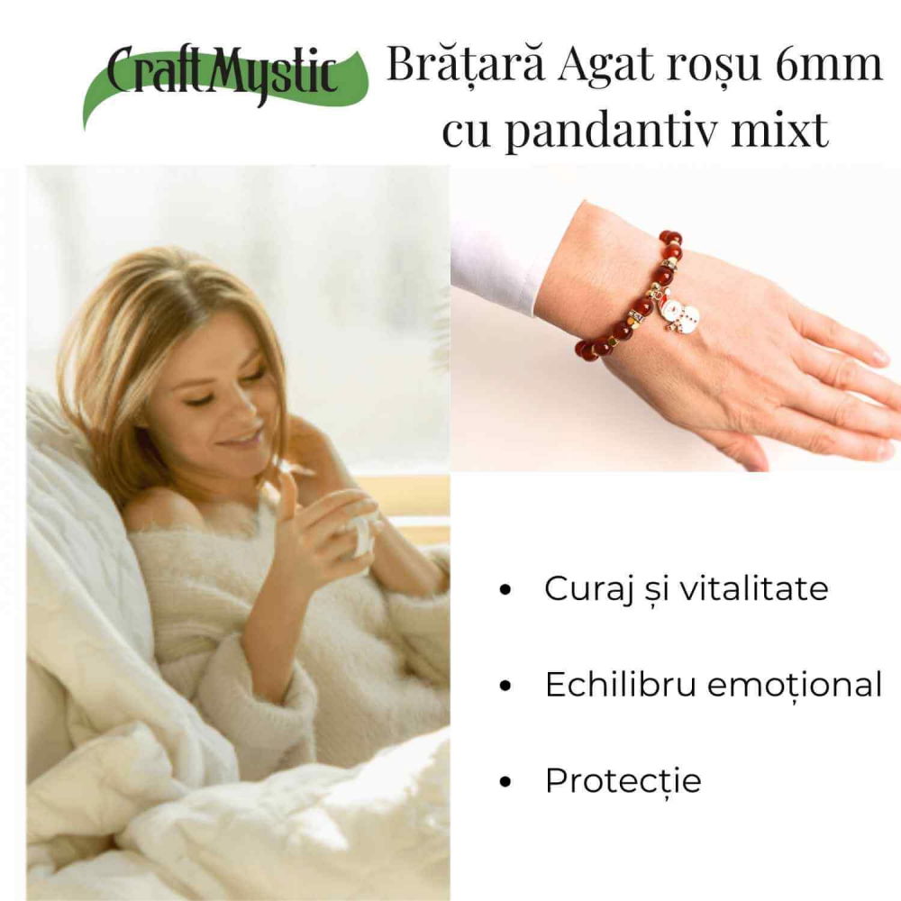 Bratara naturala Agat rosu 6mm cu accesoriu mixt - curaj si protectie [6]