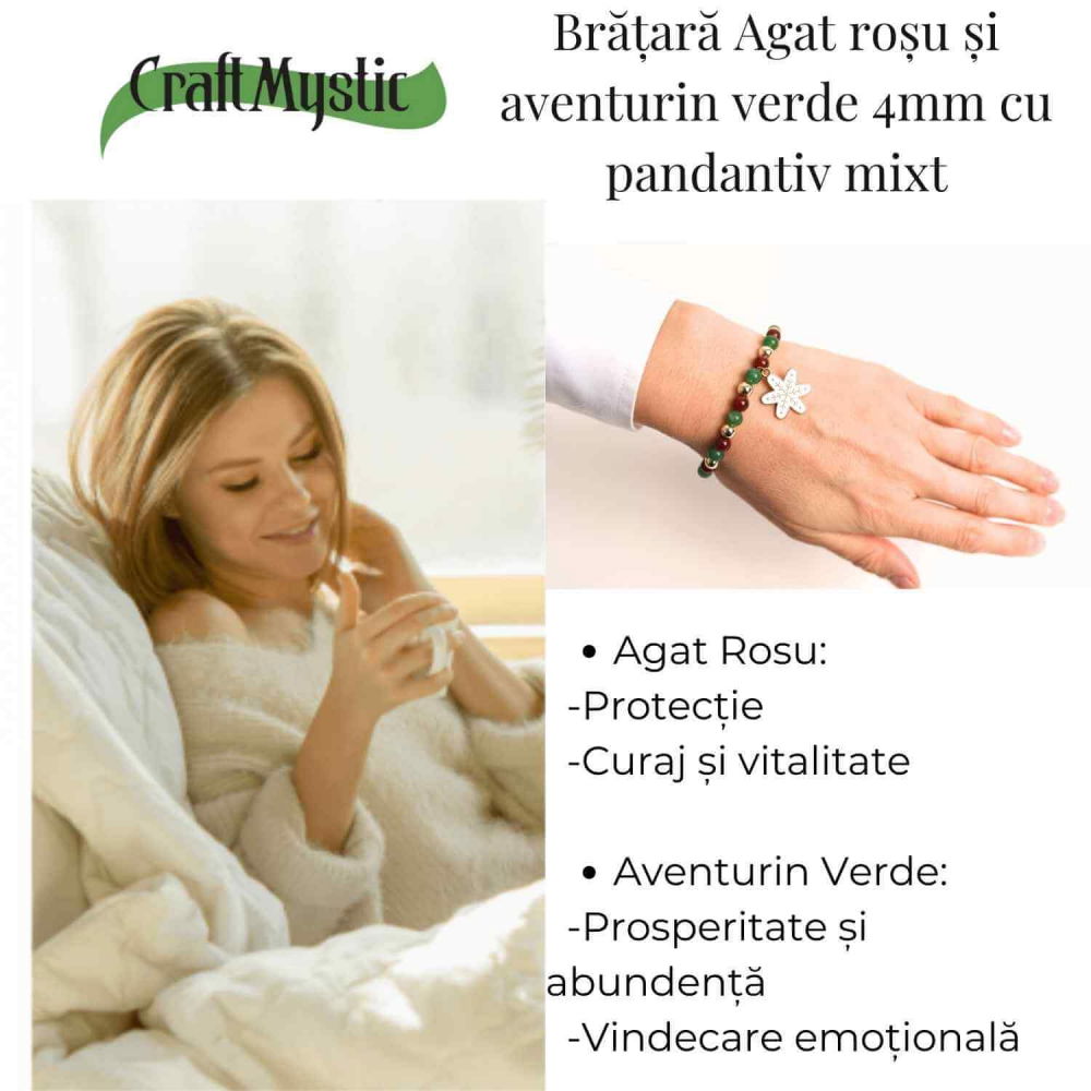 Bratara Agat rosu si aventurin verde 4mm cu accesoriu mixt - echilibru si noroc [7]