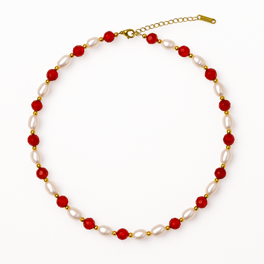 Colier Cupru cu Agat Rosu Fatetat si Perle Naturale – Echilibru, Rafinam si Energie Vitala [1]