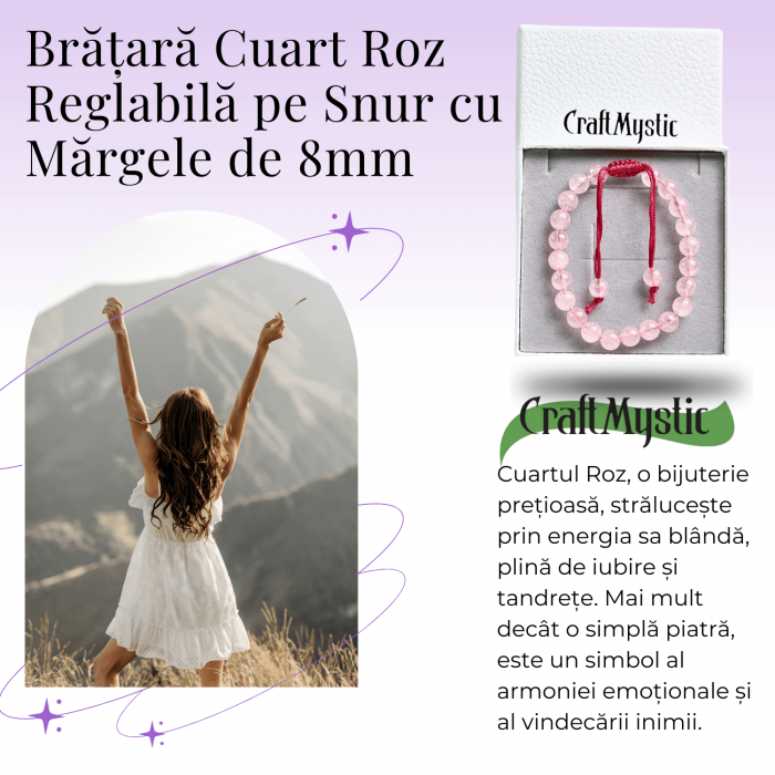Bratara Simpla Reglabila din Cuart Roz Natural – Armonie Pura [7]