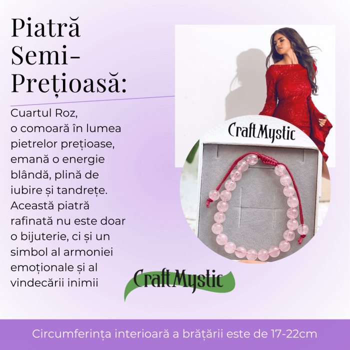 Bratara Simpla Reglabila din Cuart Roz Natural – Armonie Pura [4]