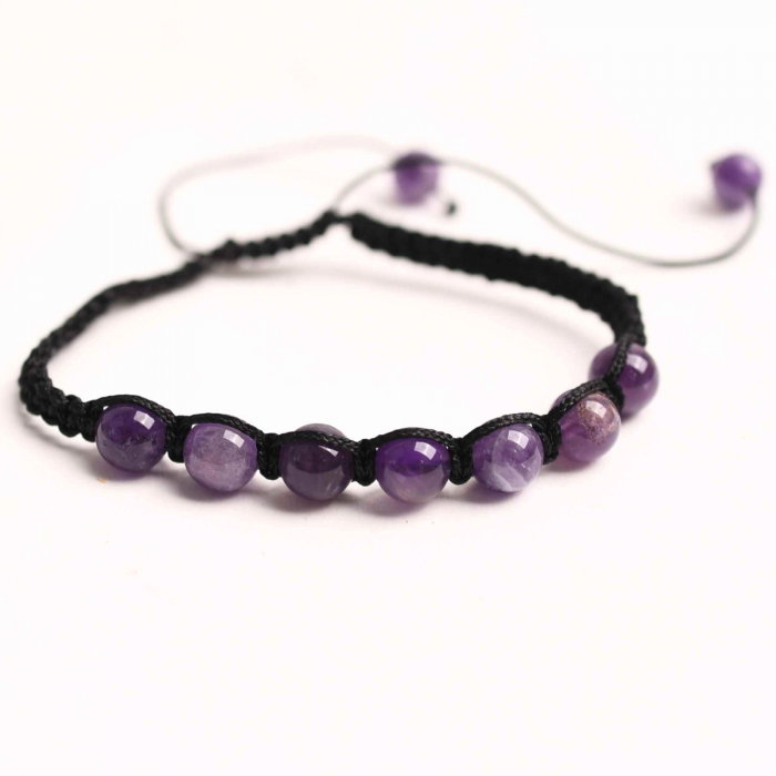Bratara Handmade Reglabila cu Margele 6mm Rotunde de Ametist si Ciucuri Macrame [5]