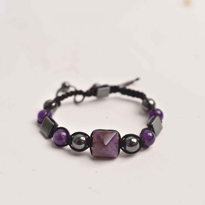 Bratara Ajustabila Impletita cu Margele din Ametist si Hematit de 8mm cu Piramida de Ametist - Cadou Special [5]