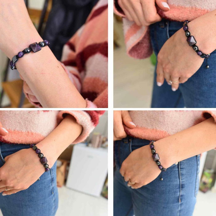 Bratara Ajustabila Impletita cu Margele din Ametist si Hematit de 8mm cu Piramida de Ametist - Cadou Special [4]