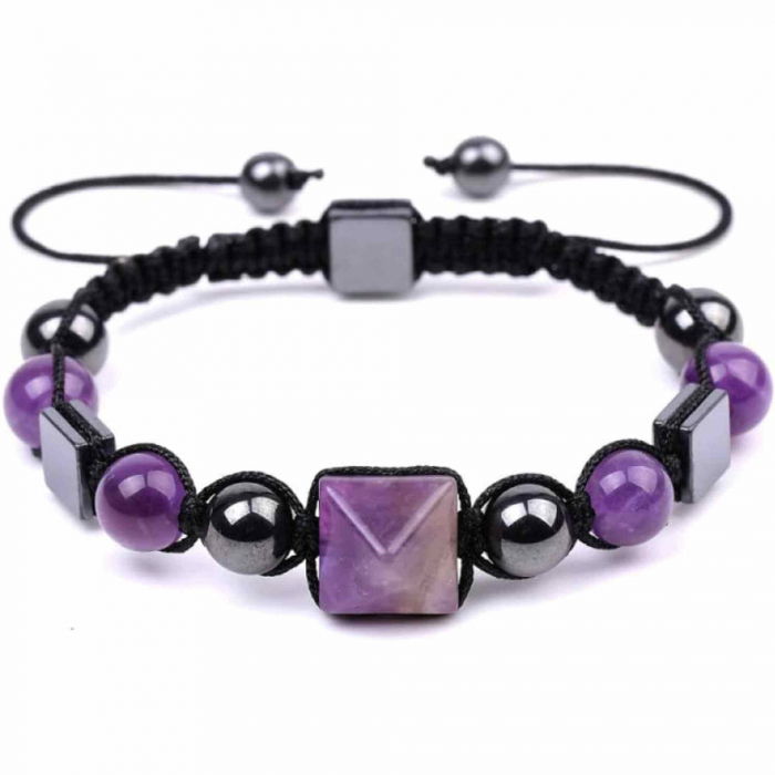 Bratara Ajustabila Impletita cu Margele din Ametist si Hematit de 8mm cu Piramida de Ametist - Cadou Special [1]