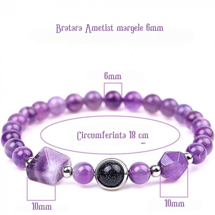 Bratara Elastica cu margele Ametist de 6mm si Farmecul Sistemului Solar - Bratara Handmade  pentru Femei [2]