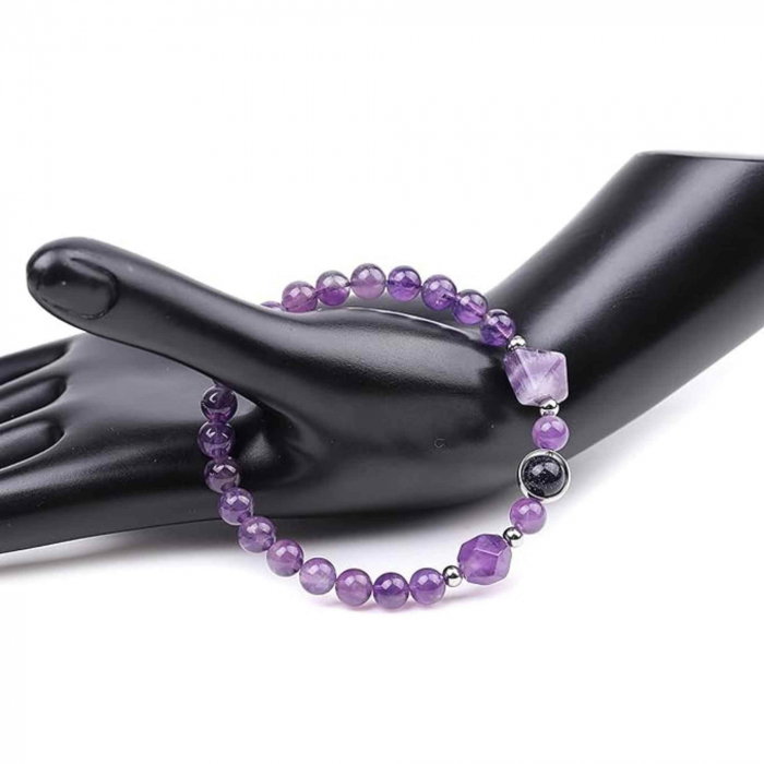 Bratara Elastica cu margele Ametist de 6mm si Farmecul Sistemului Solar - Bratara Handmade  pentru Femei [5]