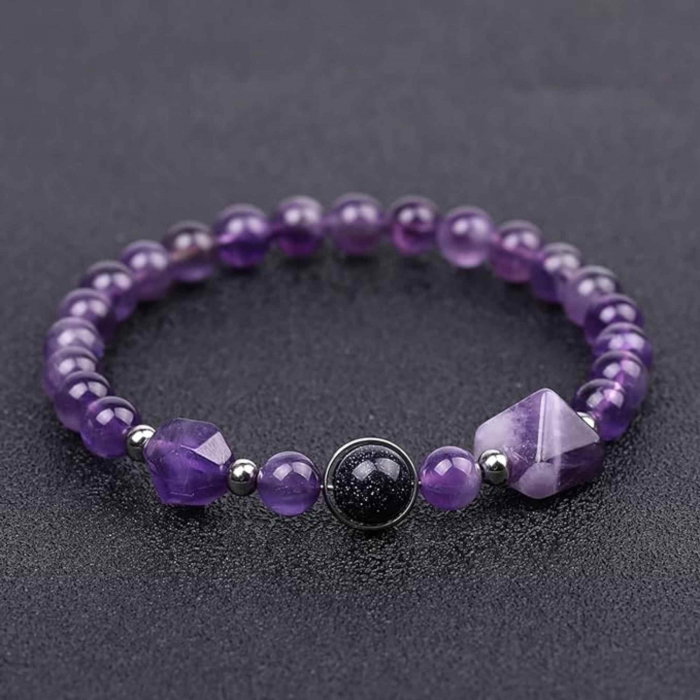 Bratara Elastica cu margele Ametist de 6mm si Farmecul Sistemului Solar - Bratara Handmade  pentru Femei [3]