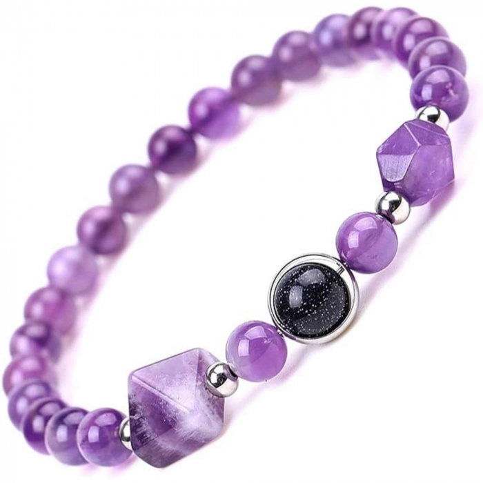 Bratara Elastica cu margele Ametist de 6mm si Farmecul Sistemului Solar - Bratara Handmade  pentru Femei [1]