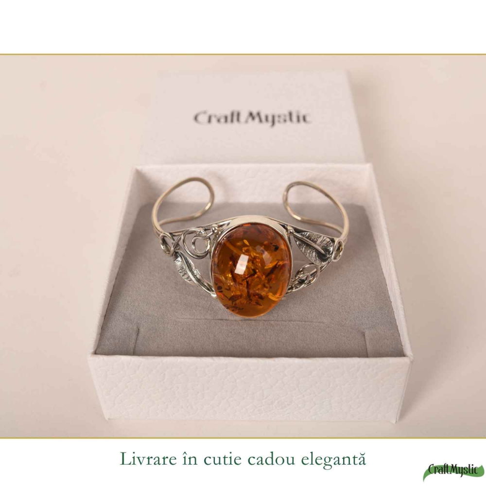 Bratara Argint 925 cu Chihlimbar Oval si Frunze – Caldura si Eleganta Naturala [6]