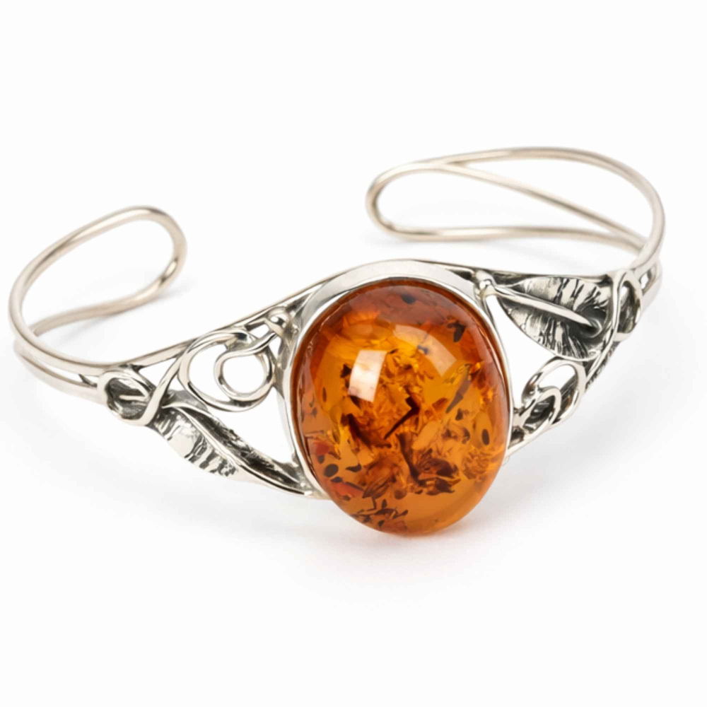 Bratara Argint 925 cu Chihlimbar Oval si Frunze – Caldura si Eleganta Naturala [1]