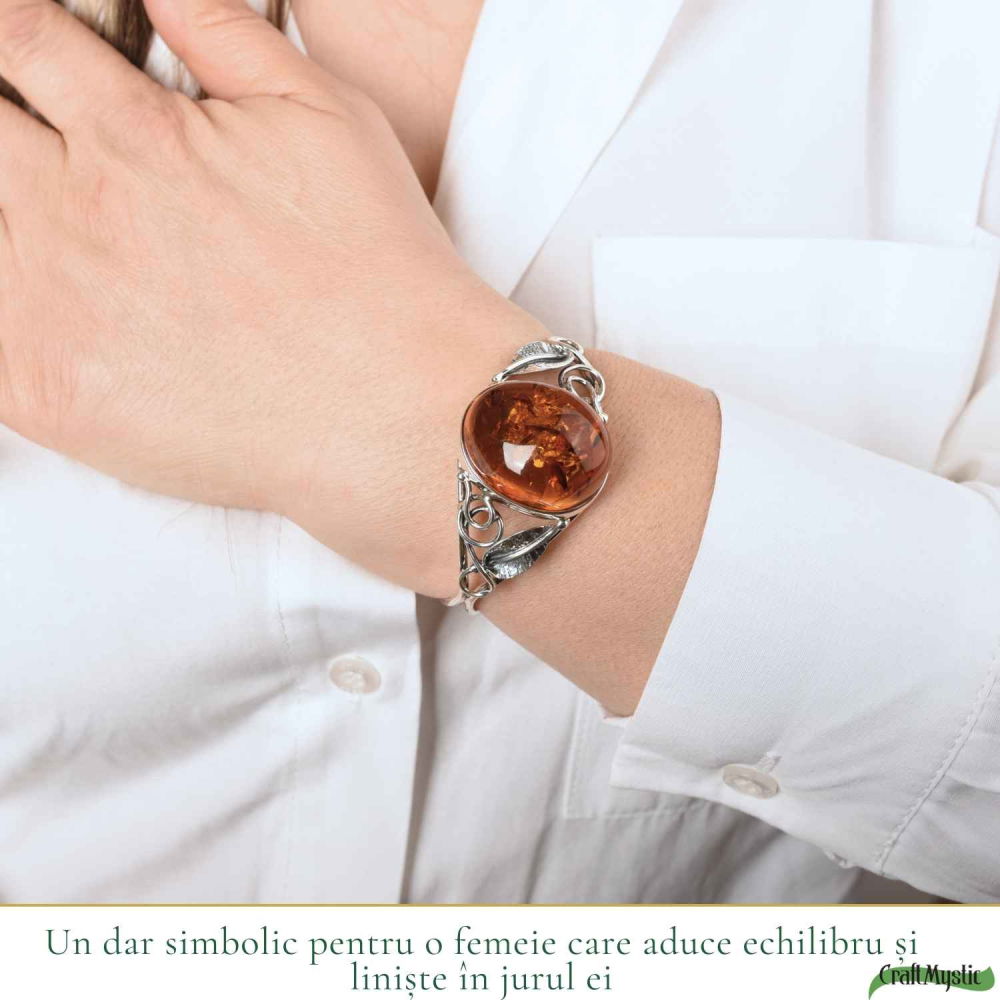 Bratara Argint 925 cu Chihlimbar Oval si Frunze – Caldura si Eleganta Naturala [2]