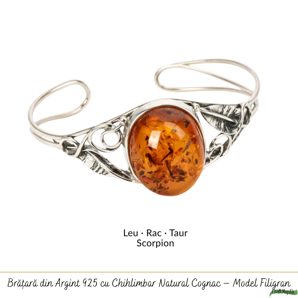 Bratara Argint 925 cu Chihlimbar Oval si Frunze – Caldura si Eleganta Naturala [5]