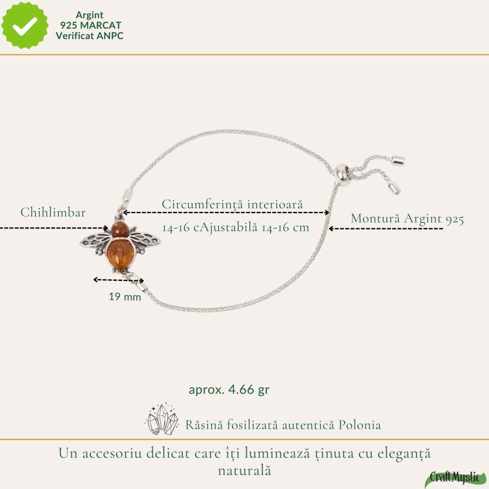 Bratara argint 925 cu chihlimbar natural si albina – Energie solara si vitalitate [4]