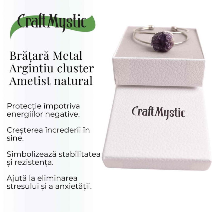 Bratara argintie cu piatra naturala cluster Ametist pentru Claritate si Relaxare [3]