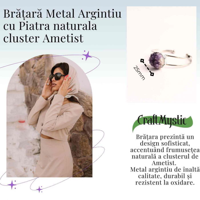Bratara argintie cu piatra naturala cluster Ametist pentru Claritate si Relaxare [5]