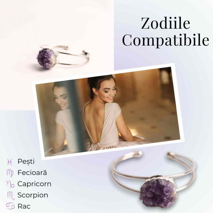 Bratara argintie cu piatra naturala cluster Ametist pentru Claritate si Relaxare [4]