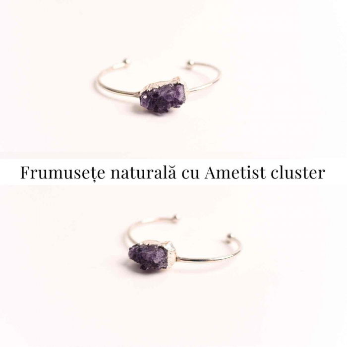 Bratara argintie cu piatra naturala in forma libera cluster Ametist - Pentru Claritate si Relaxare [2]
