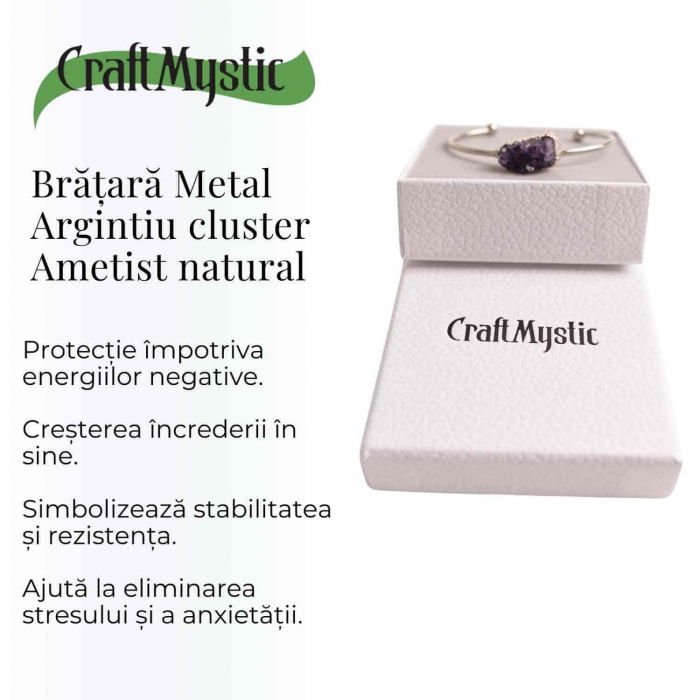 Bratara argintie cu piatra naturala in forma libera cluster Ametist - Pentru Claritate si Relaxare [4]