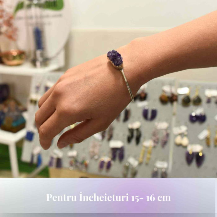 Bratara argintie cu piatra naturala in forma libera cluster Ametist - Pentru Claritate si Relaxare [3]