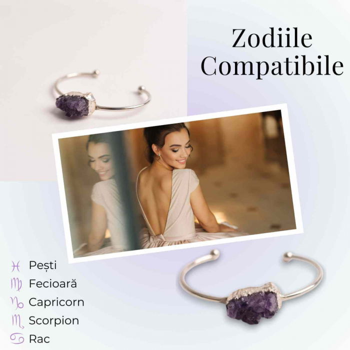 Bratara argintie cu piatra naturala in forma libera cluster Ametist - Pentru Claritate si Relaxare [5]