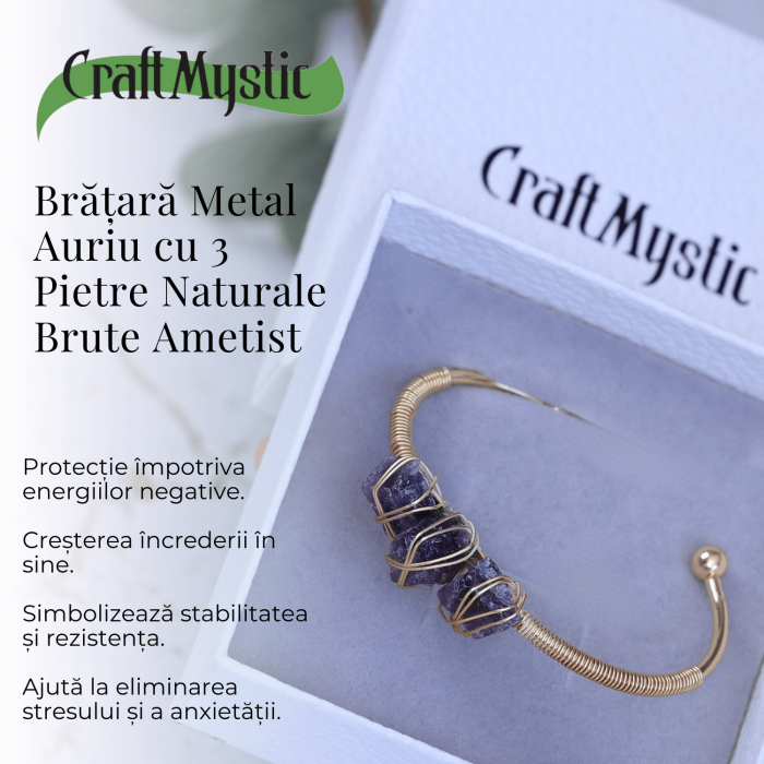 Bratara aurie din metal cu 3 pietre naturale de Ametist , beneficii energetice [3]