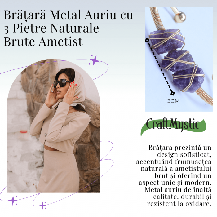 Bratara aurie din metal cu 3 pietre naturale de Ametist , beneficii energetice [4]