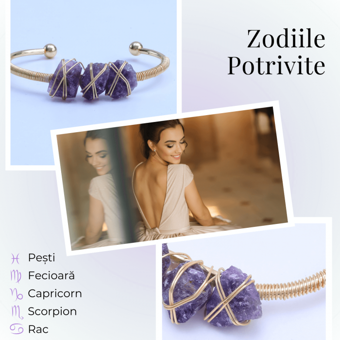 Bratara aurie din metal cu 3 pietre naturale de Ametist , beneficii energetice [5]