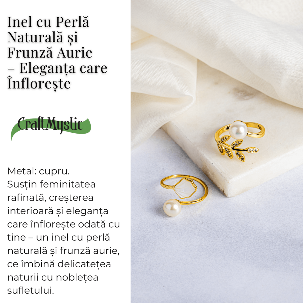Inel cu perla naturala si frunza aurie – Eleganta care infloreste [3]
