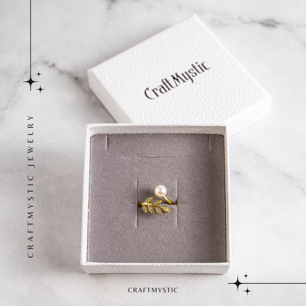 Inel cu perla naturala si frunza aurie – Eleganta care infloreste [7]