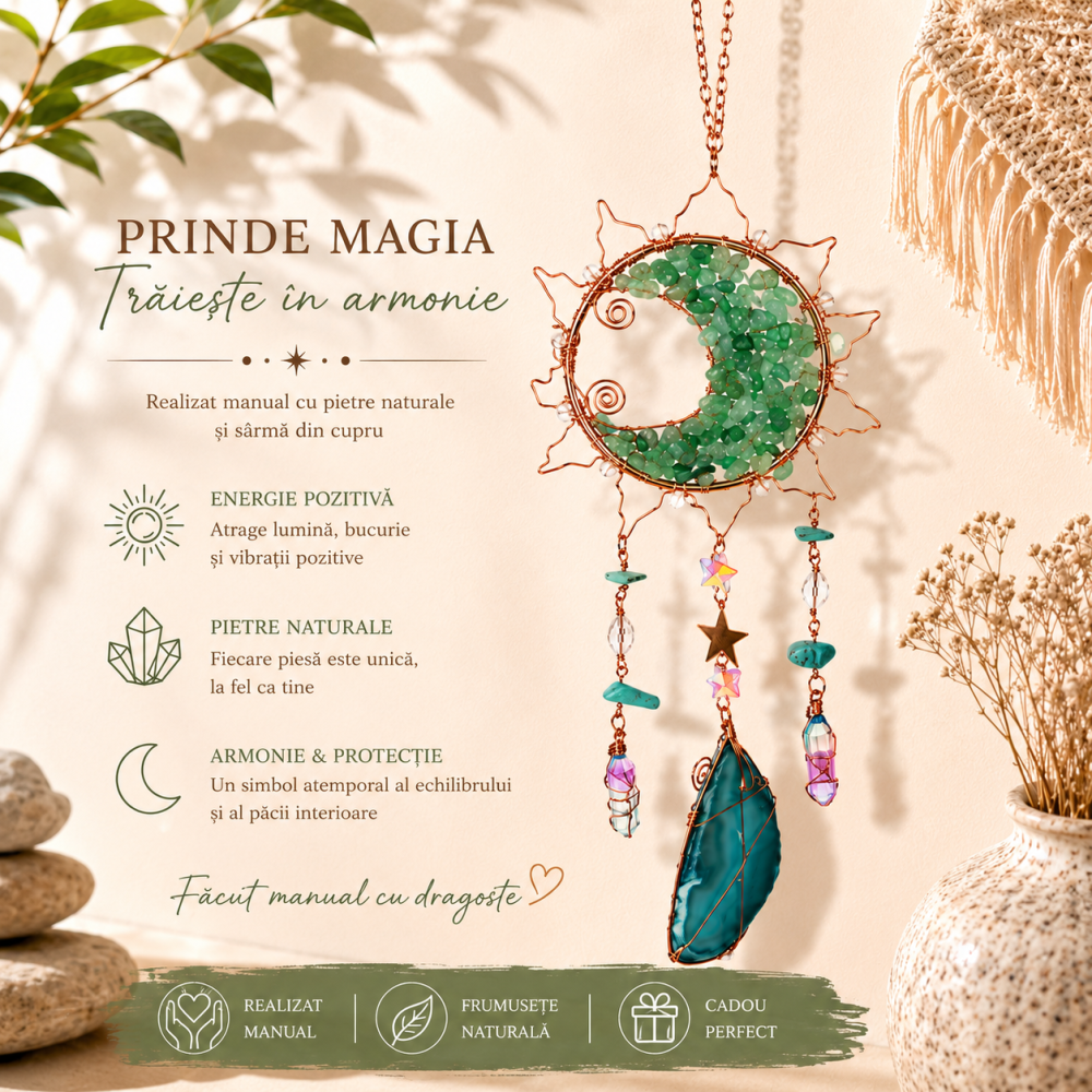 Dreamcatcher cu Aventurin Verde si Felii de Agat in Forma de Soare – Prosperitate si Armonie pentru Casa Ta [3]
