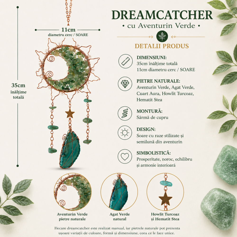 Dreamcatcher cu Aventurin Verde si Felii de Agat in Forma de Soare – Prosperitate si Armonie pentru Casa Ta [4]