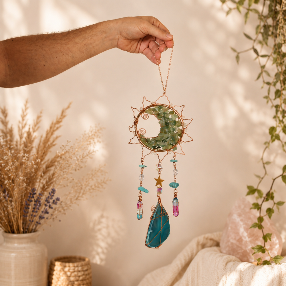 Dreamcatcher cu Aventurin Verde si Felii de Agat in Forma de Soare – Prosperitate si Armonie pentru Casa Ta [2]