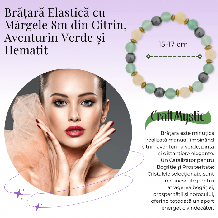 Bratara Elastica Energetizanta cu Margele 8mm din Citrin, Aventurin Verde si Hematit - Harmonie si Echilibru [2]