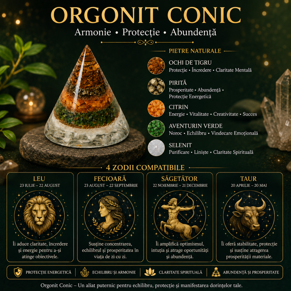 Orgonit Conic cu Ochi de Tigru, Pirita, Citrin, Aventurin Verde si Selenit – Echilibru si Prosperitate [5]