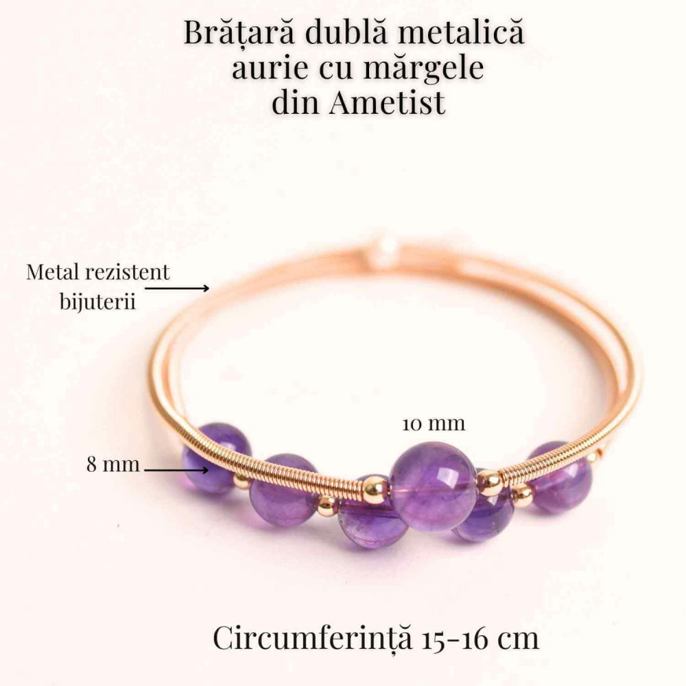Bratara dubla metalica aurie cu ametist natural pentru calm si claritate mentala [4]