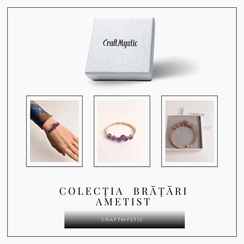 Bratara dubla metalica aurie cu ametist natural pentru calm si claritate mentala [6]