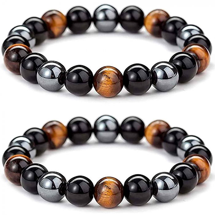 Bratara cu tripla protectie din obsidian negru, ochi de tigru si hematit 10 mm - Bratara feng shui pentru protectie, noroc si prosperitate [6]